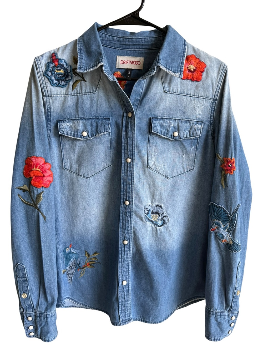 DRIFTWOOD Olivia Light Blue floral/bird Embroidered Denim Shirt Jacket Sz small